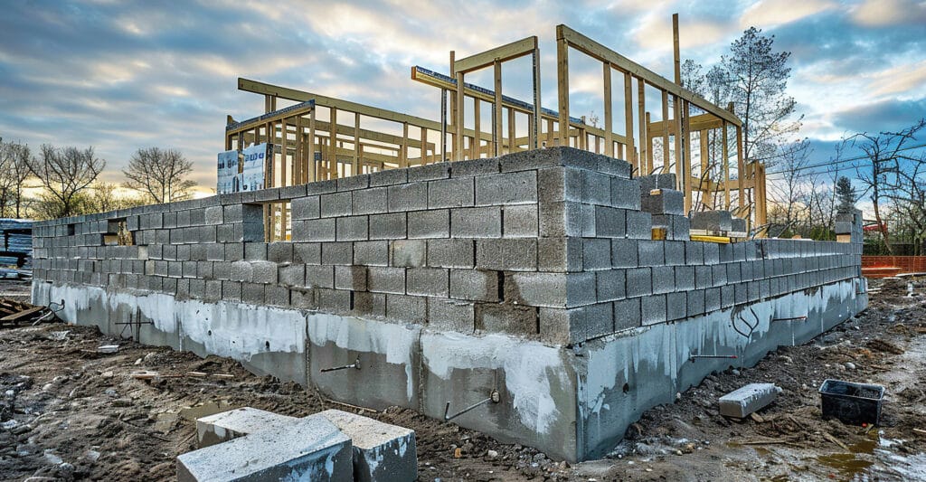 Chantier: fondation en parpaings gris, murs partiels et ossature bois d'une maison. Panneaux "BWA". Sol boueux sous ciel nuageux.